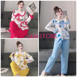 Bộ Pijama tay dài tiểu thư lụa kate. Đồ ngủ BTC005 Freesize 55kg SamStore