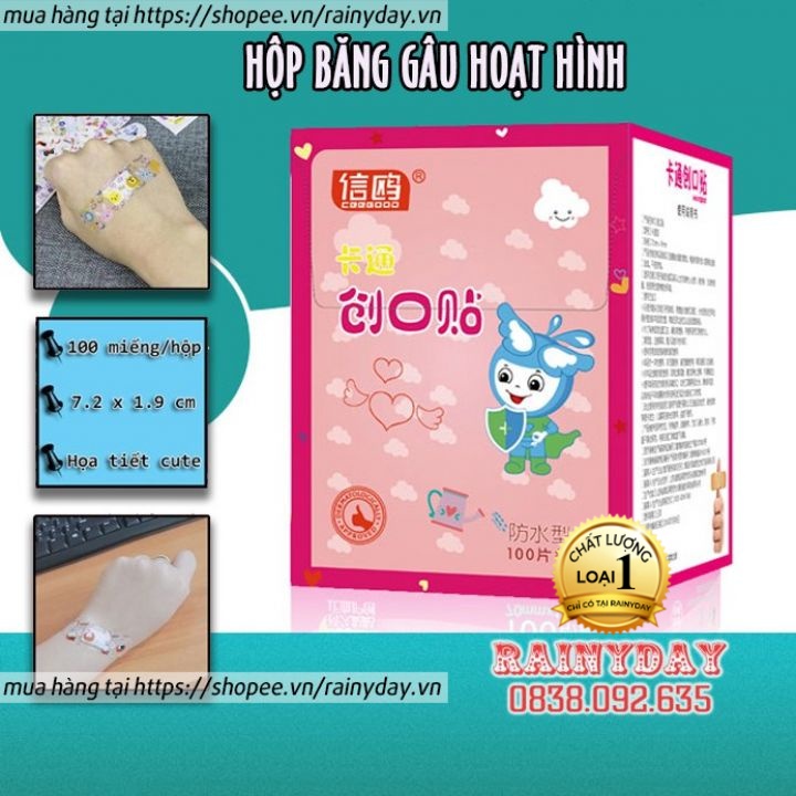 Hộp băng gâu dán băng keo cá nhân hoạt hình cute dễ thương cho bé - 100 miếng