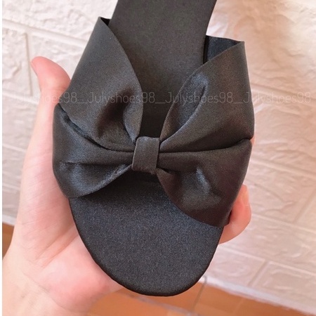 Dép Nữ Dép Lê Nữ Quai Ngang Nơ Lụa Đen Đế Bệt Mũi Tròn Sang Chảnh