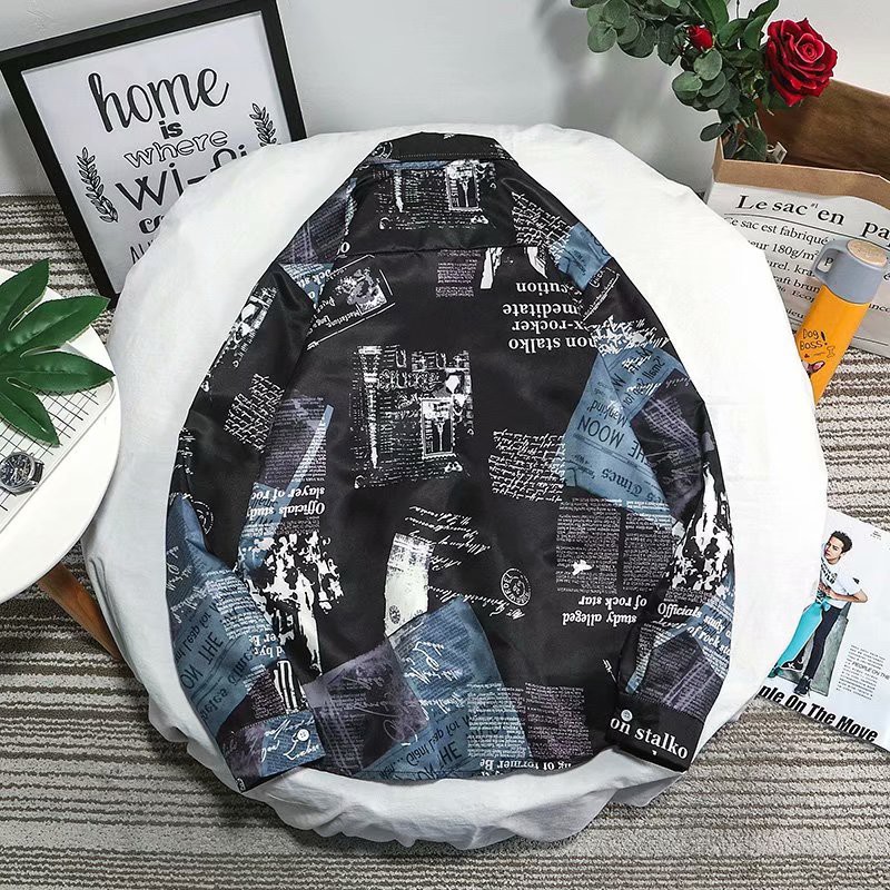 Áo sơ mi tay dài in họa tiết tờ báo phong cách đường phố Mỹ cá tính thời trang dành cho nam