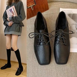 Phong cách Anh / giày da nữ / da mềm / dây buộc / mũi vuông / đáy bằng / chiều cao gót 2,5cm