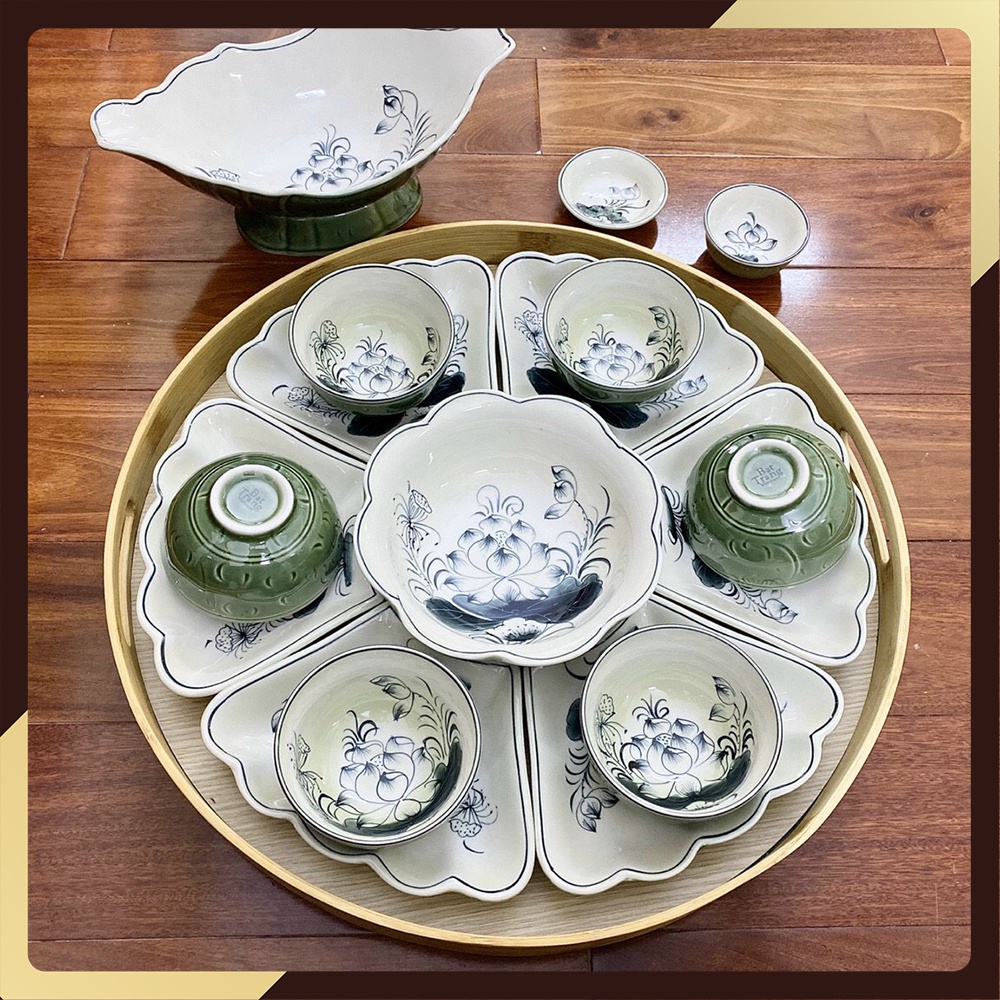 Bộ bát đĩa hoa mặt trời hàng vẽ kèm bát gà và không kèm khay gỗ - Bát ăn cơm - Gốm sứ Decor