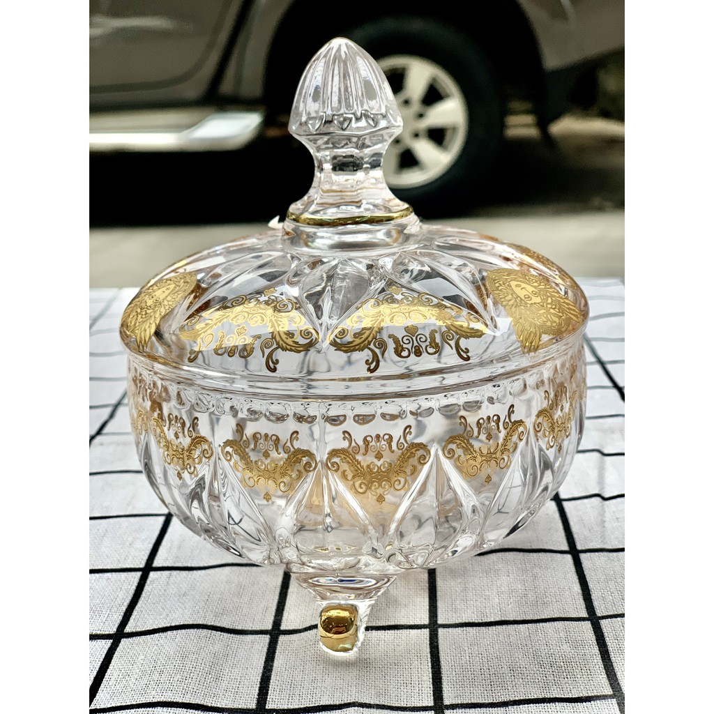 [Sỉ] Âu thố hũ pha lê có chân mạ vàng có nắp đậy đựng ô mai mứt bánh kẹo sang trọng cao cấp dày dặn đẹp M3