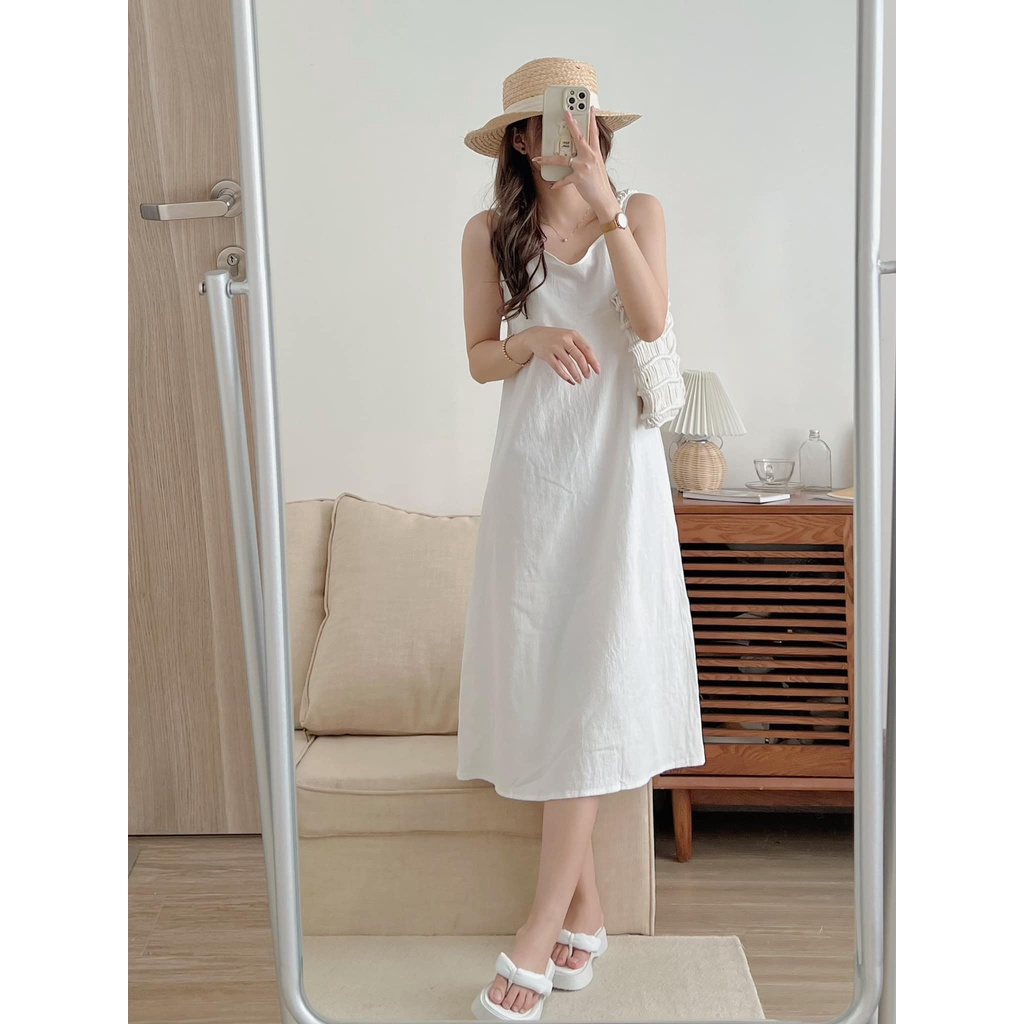 [Sẵn/Ảnh thật] Váy 2 dây dáng suông đi biển rút dây - Đầm 2 dây maxi dáng dài thắt nơ sau