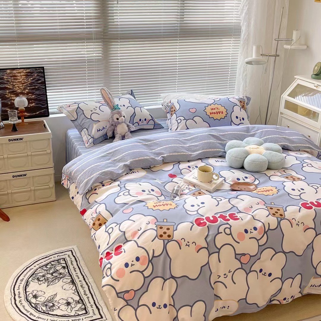 Bộ Chăn Ga Gối Cotton Living - 100% Cotton  , Bộ Ga Giường - Vỏ Chăn - 2 Vỏ Gối Nằm Họa Tiết Thỏ Ngọc Cho Các Bé