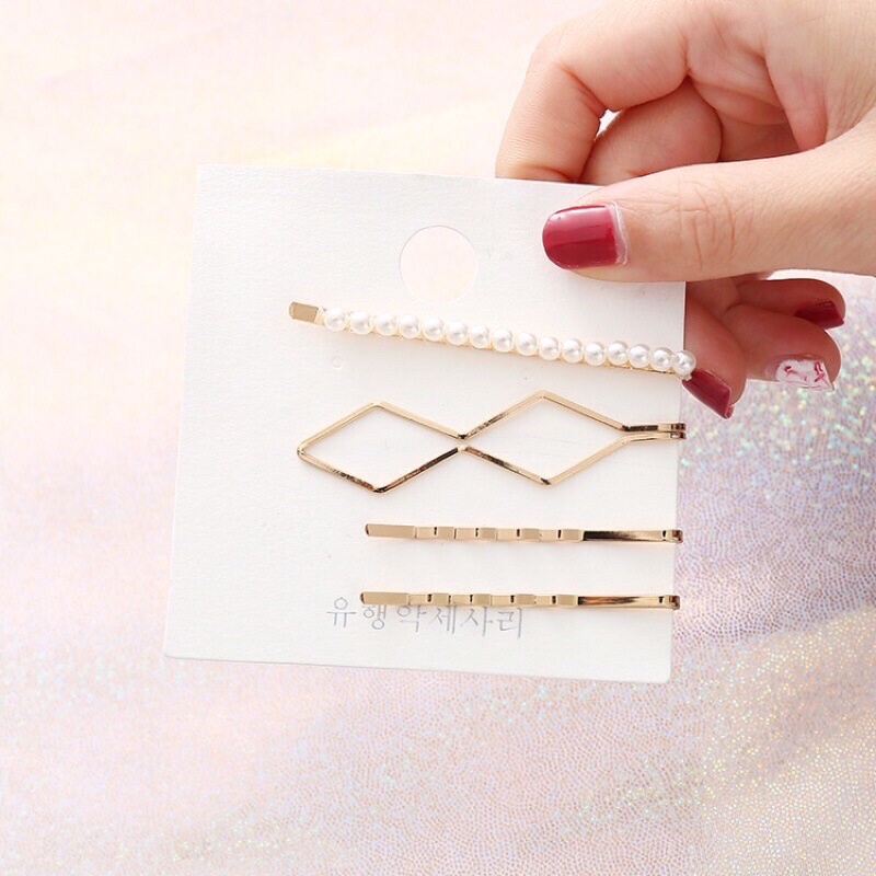 Set 3 kẹp tóc kim loại đính ngọc giả xinh xắn cho nữ