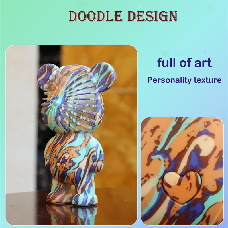 Quạt cầm tay mini hình gấu màu graffiti cổng sạc USB