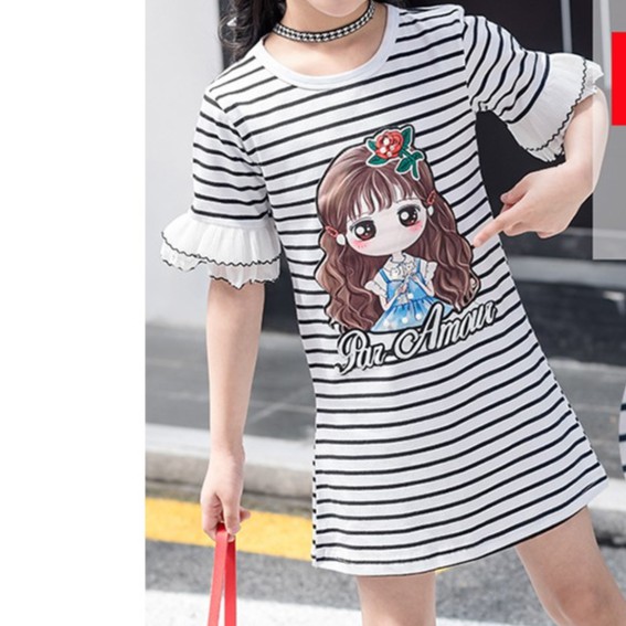 Váy bé gái kẻ ngang đính hình cô gái xinh xắn size 15-32kg VH25