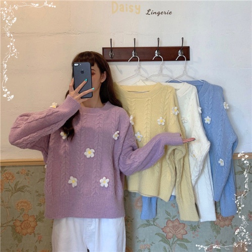 [SP Tốt,Hỏa Tốc] Áo Khoác Cardigan Len Lông Thỏ Áo Khoác Len Văn Thừng Hoa Cúc Form Rộng Vừa Phải - Mã AOL002