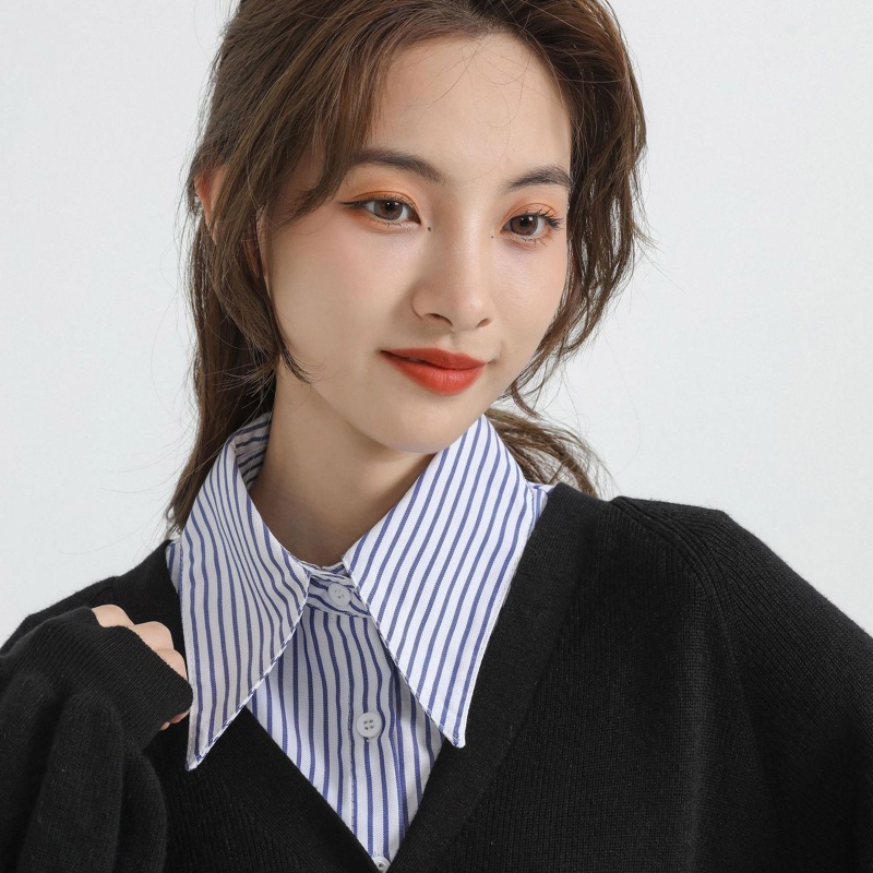 Han Áo Sơ Mi Lửng Cổ Bẻ Rời Được Kẻ Sọc Xanh Lam Mùa Thu Đa Năng Cho Nữ Swi