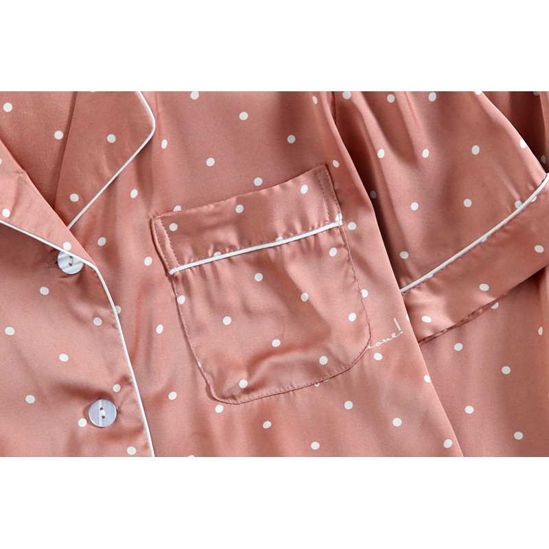 Set đồ ngủ gồm ngắn tay và quần dài lụa lạnh chấm bi thời trang mùa hè cho nữ