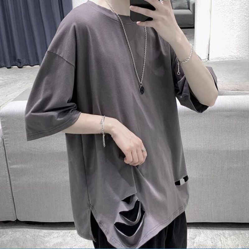 Áo Thun Tay Ngắn Màu Trơn Dáng Rộng Thiết Kế Rách Cá Tính Thời Trang Mùa Hè Cho Nam Giới