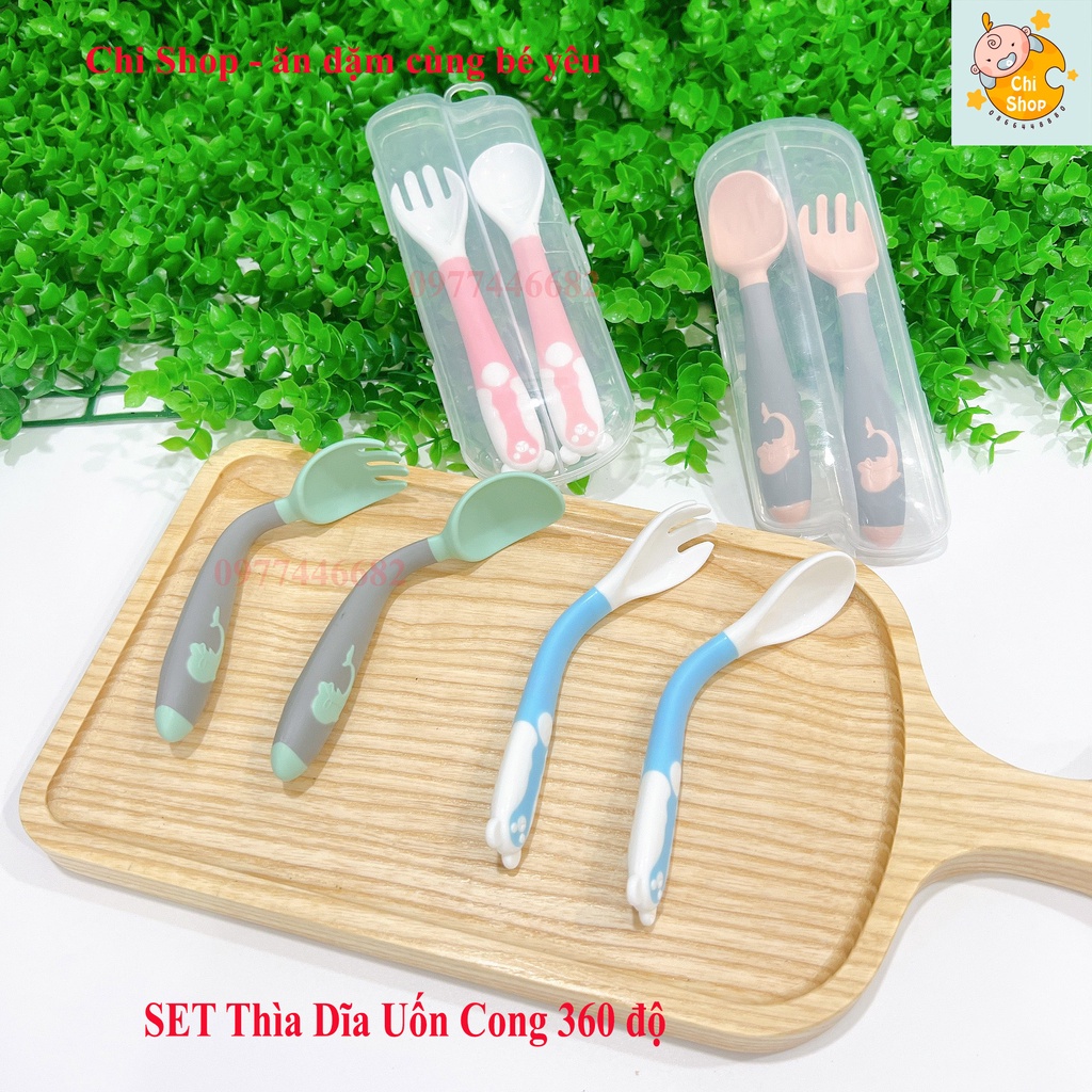 Bộ Thìa Dĩa Silicon Uốn Cong Đa Chiều cho bé tập ăn dặm