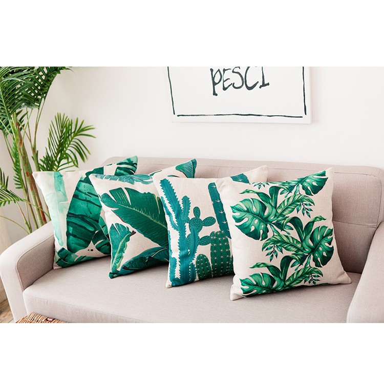 Gối tựa lưng sofa 45x45cm gối văn phòng dày dặn Nhà Xinh Decor trang trí vải bố canvas lá nhiệt đới xanh lá