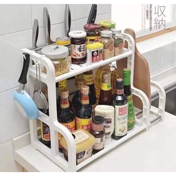Kệ Đựng Gia Vị Nhà Bếp Kèm Khay Đựng Thớt và Móc Treo