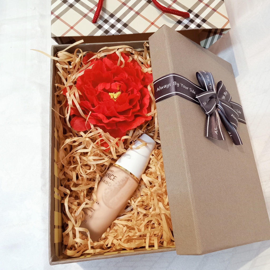 (23 x 14 cm-xám) Hộp quà tặng vk 20/10, 8/3 sinh nhật hình chữ nhật HOA MẪU ĐƠN+Túi giấy + phụ kiện đầy đủ như hình (A8)