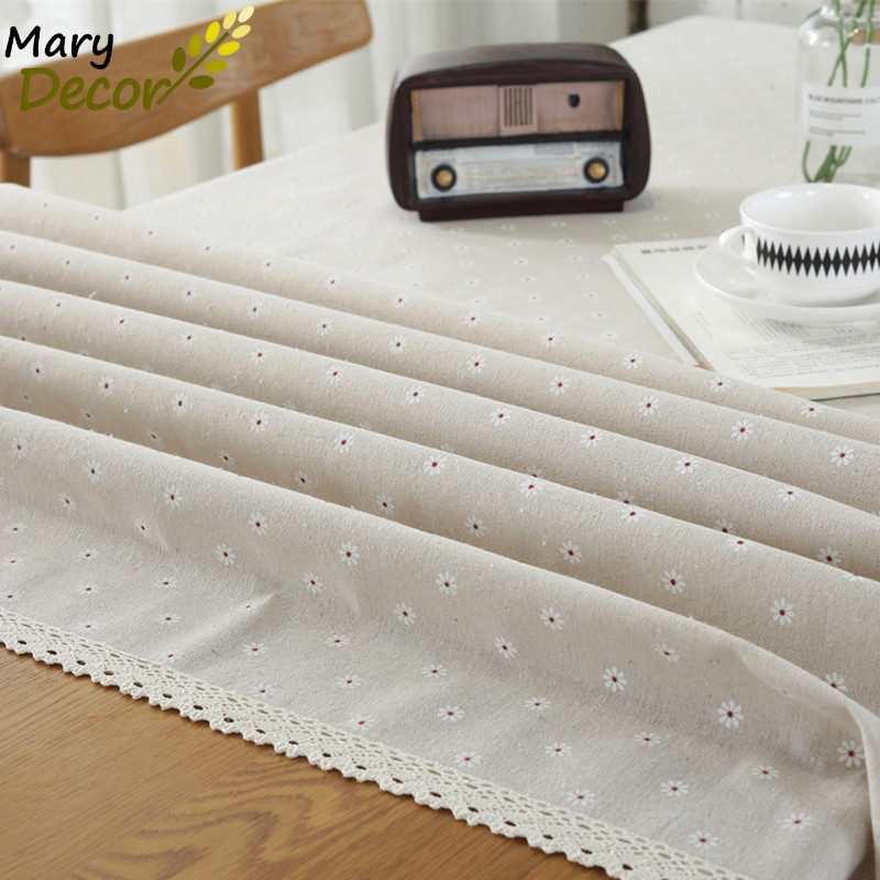 Khăn trải bàn tròn, chữ nhật, oval Quà tặng vải bố linen trang trí nhà cửa giá tốt - Hoa cúc trắng KB-I02