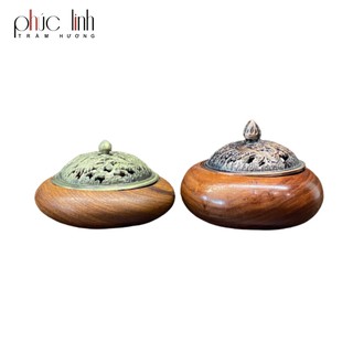 Lư Đốt Trầm Hương Bằng Gỗ Nắp Đồng Họa Tiết_Tặng Kèm Nụ Trầm Viên_Xông Nụ, Khoanh Trầm_Cao 3cm_Đường Kính 5,5cm