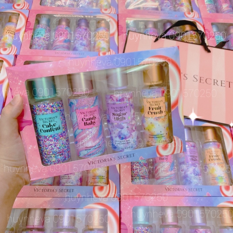 Set bộ quà tặng 4 chai xịt thơm bodymist + túi giấy hãng vic Candy Baby, Fruit Crush, Sugar High, Cake Confetti 4x125ml
