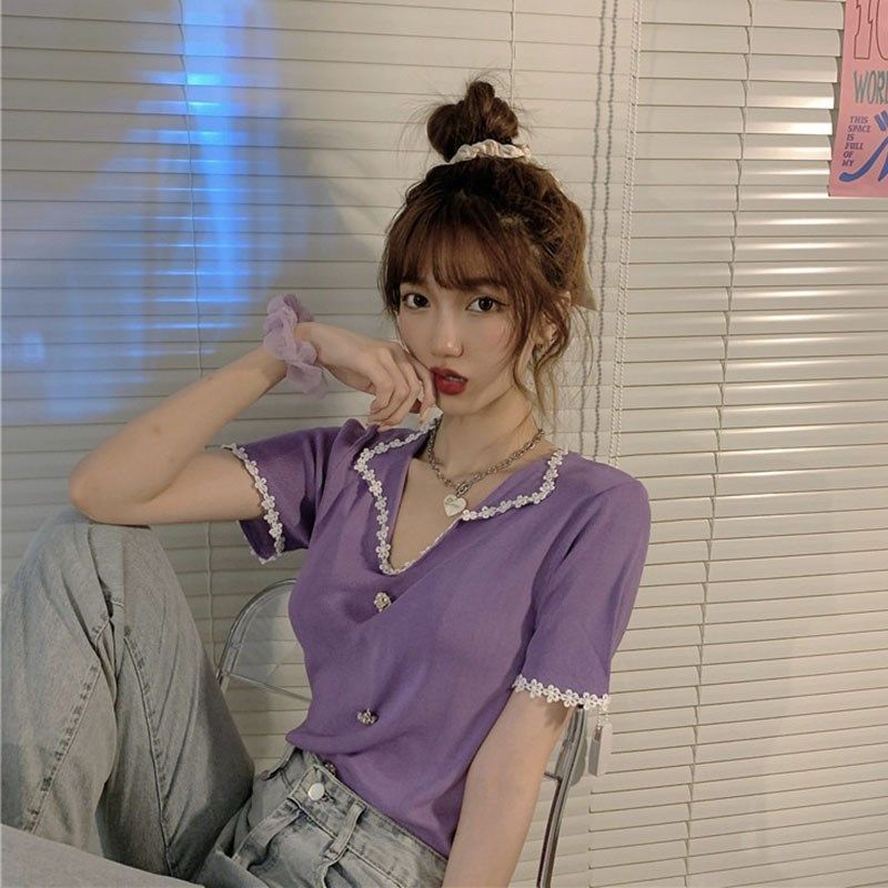 Áo Thun Dệt Kim Tay Ngắn Cổ Chữ V Màu Đen Phong Cách Pháp Thời Trang Mùa Hè Quyến Rũ Cho Nữ