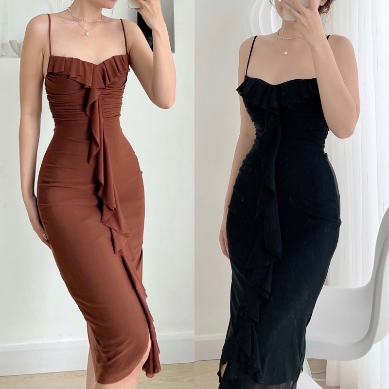 Đầm Body Midi 2 Dây Thun Lưới Viền Bèo