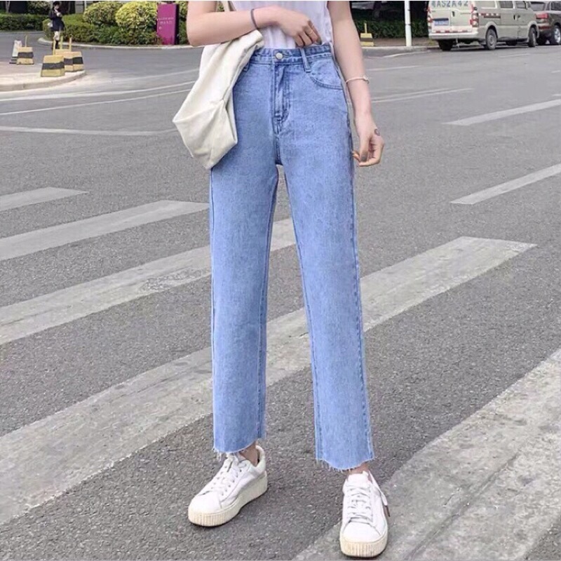 Quần bò jean nữ cạp cao ống đứng rộng suông loe co giãn vải Quảng Châu chuẩn đẹp dầy dặn mặc không bai