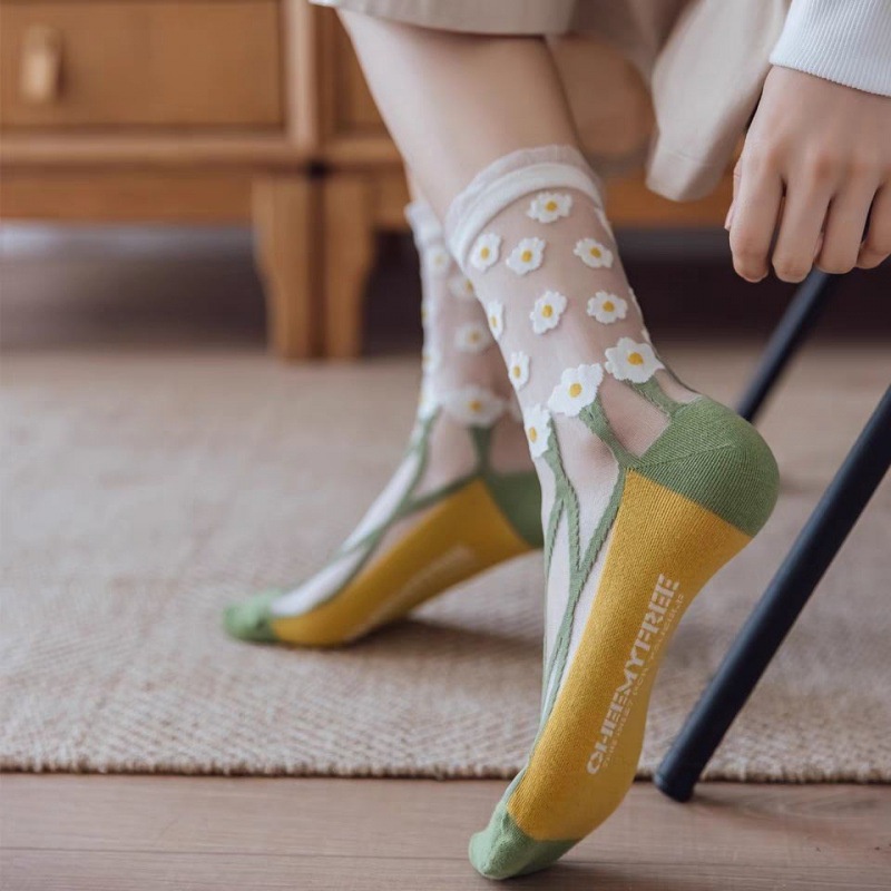 Tất, Vớ Cotton Pha Ren Lưới Đính Hoa Flower Calf Socks