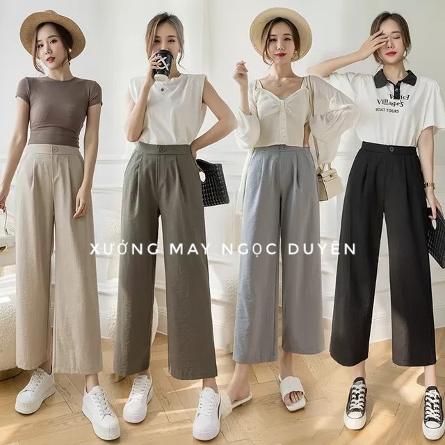 Quần Culottes đũi lửng ống suông rộng 9 tấc cạp cao lưng thun chun khóa kéo màu trắng đen Vải mát mặc đi chơi biển ở nhà