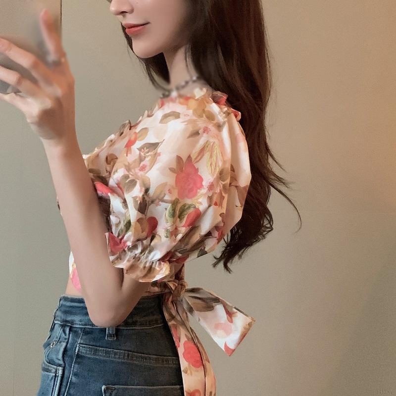 Áo lửng ngắn tay in họa tiết hoa phong cách Hàn Quốc cho nữ
