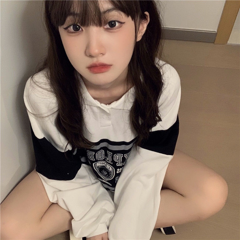 COZOK Áo sweater cổ polo dáng rộng màu sắc retro