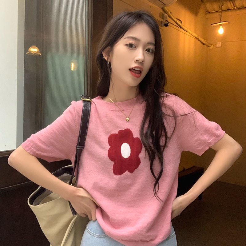 Áo thun COZOKC dệt kim tay ngắn dáng ôm in họa tiết hoa thời trang mùa hè cho nữ