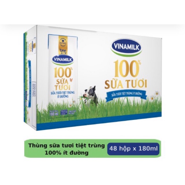  MẪU MỚI THÙNG 48 HỘP SỮA TƯƠI TIỆT TRÙNG VINAMILK 100% ÍT ĐƯỜNG 180ML DATE MỚI