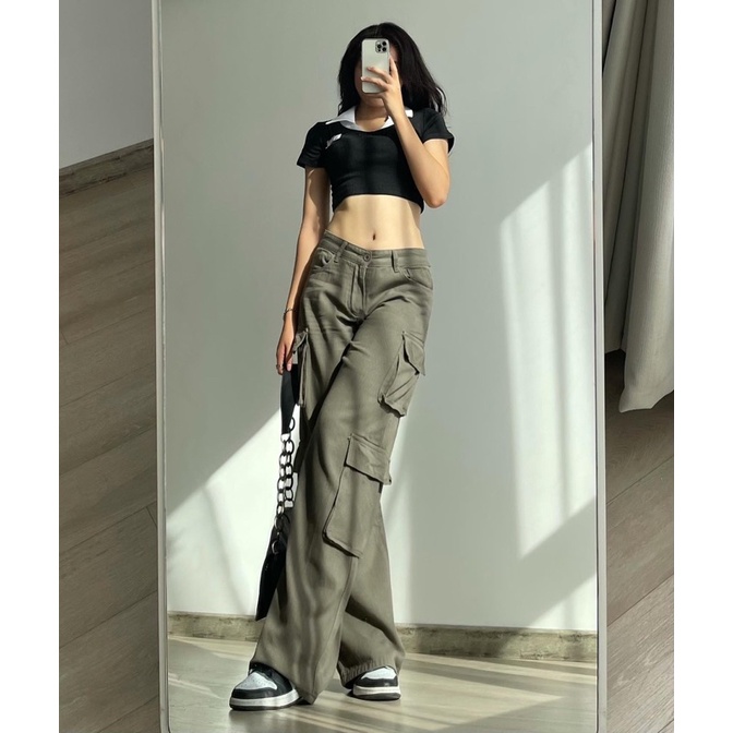 ✅Set croptop và jean 4 túi hộp xanh rêu