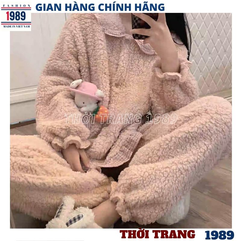 Bộ lông cừu túi kẻ nữ bánh Bèo siêu ấm, bộ mặc nhà ❤ đồ ngủ mùa đông giữ nhiệt tốt kute dễ thương -PHƯƠNG 1989