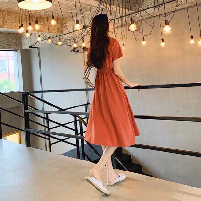 Đầm Xòe Cam Đất Cổ Sen Phối Hai Túi Nhún Eo MS697
