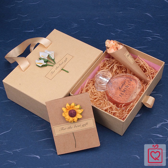 Hộp quà kraft kiểu túi xách combo kèm rơm lót và thiệp vintage - Hộp quà sinh nhật, kỷ niệm