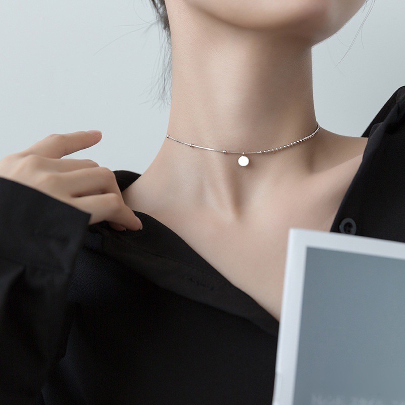 Vòng cổ Chocker tag tròn Lucky bạc 925