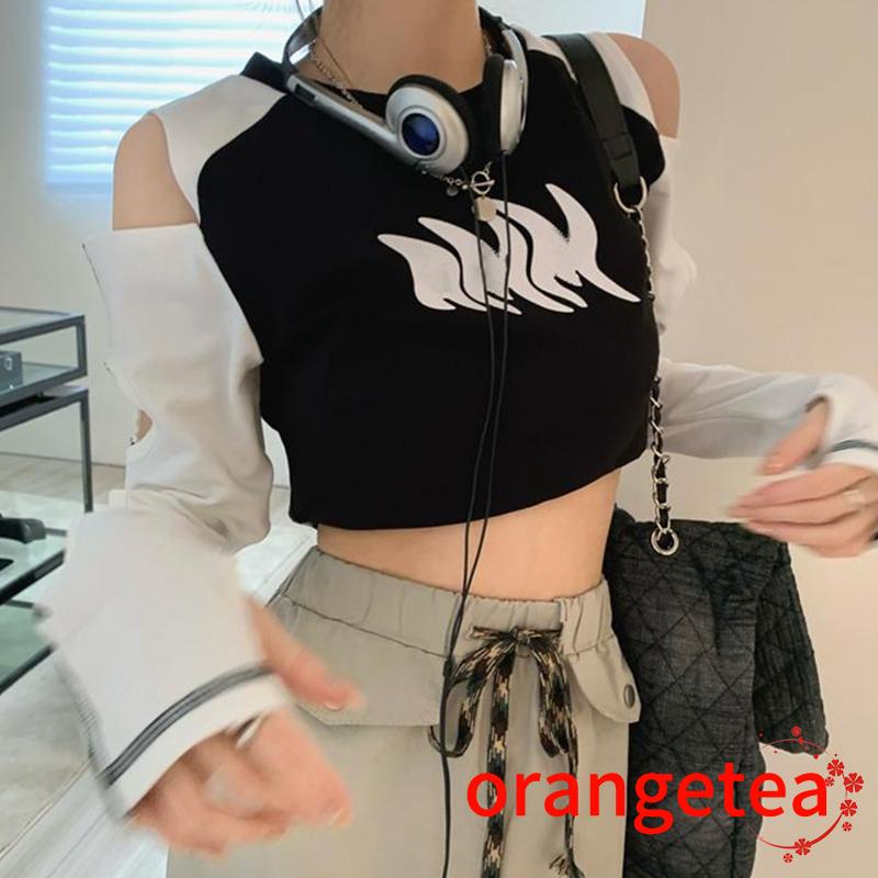 Áo Croptop Tay Dài Cổ Tròn Thiết Kế Khoét Quyến Rũ