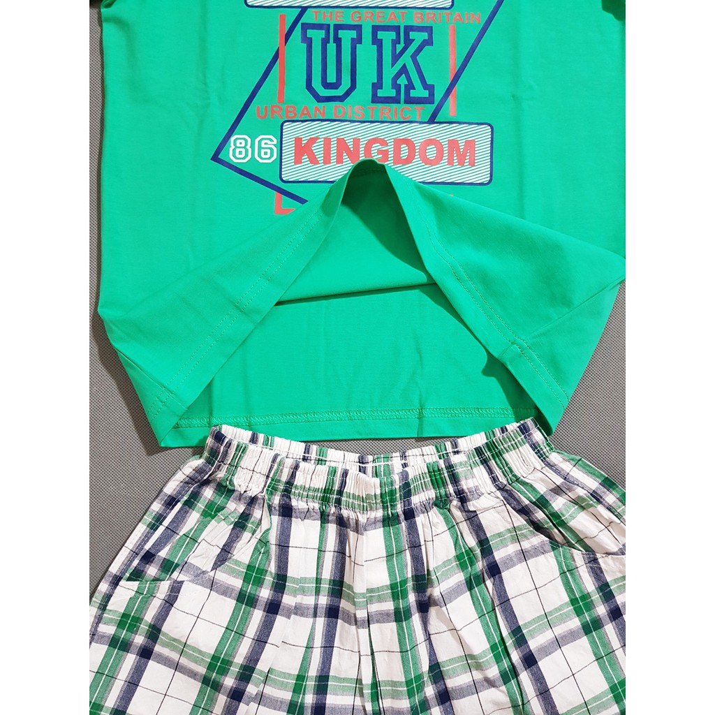 Bộ áo thun cotton in UK quần caro bé trai size đại