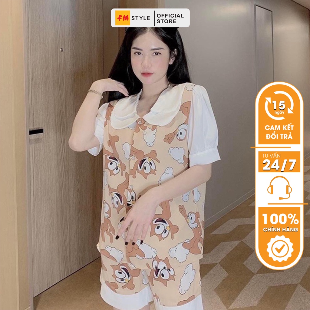 Đồ bộ nữ FM Style pijama lụa mặc nhà ngắn tay quần đùi cổ bèo dễ thương thời trang 220212021
