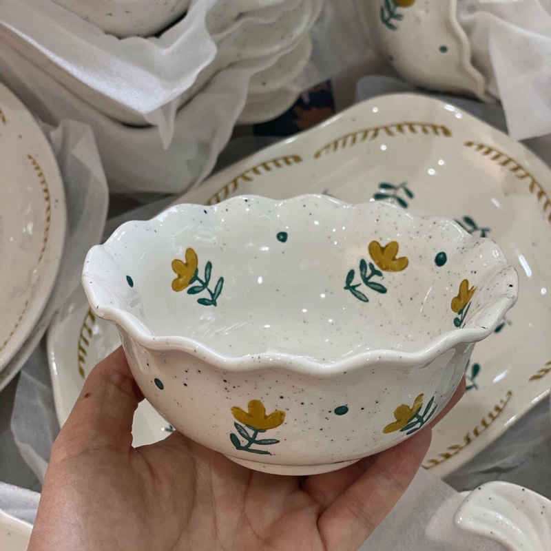 Bộ bát đĩa hoa cỏ vàng men tiêu phong cách vintage