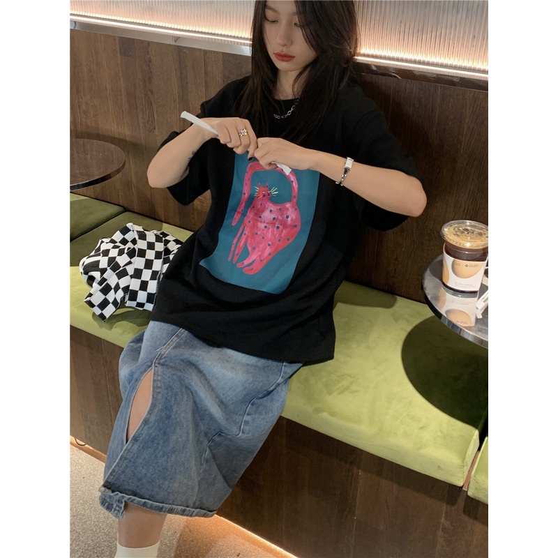 Áo Thun Cotton Tinh Khiết Tay Ngắn Dáng Rộng In Hình Báo Hồng 49896 Thời Trang Cho Nữ