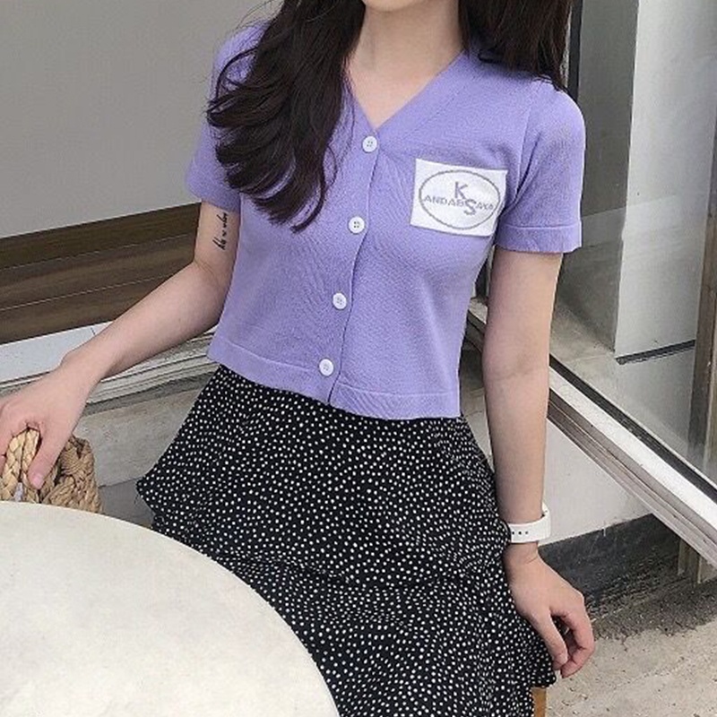 Áo Cardigan Dệt Kim Tay Ngắn Cổ Chữ V Thêu Chữ Màu Sắc Thời Trang Mùa Hè Cho Nữ