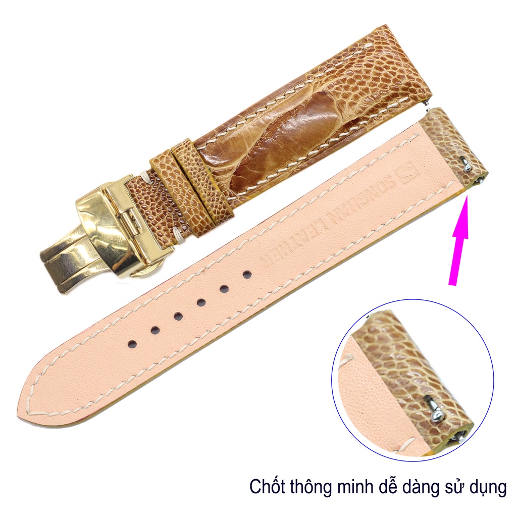 Dây Đồng Hồ Da Đà Điểu Gai To Gắn Chốt Thông Minh Songhan Leather WT09,Dây Da Khóa Bướm Gập Cao Cấp,BH 6 Tháng