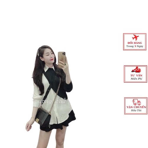 Áo sơ mi trắng nữ cổ V công sở kèm gile đen trắng phong cách ulzzang Hàn Quốc