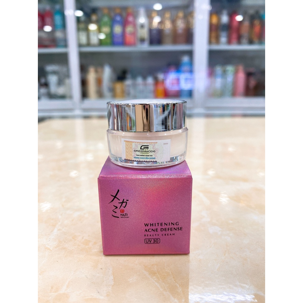 Kem Dưỡng Trắng Da Mờ Thâm Mụn HASI Megami Thảo Dược Whitening Acne Defense UV30 28g
