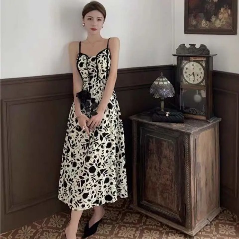 Đầm hai dây ZHELIHANGFEI dáng dài họa tiết hoa hồng phong cách quyến rũ thời trang cao cấp