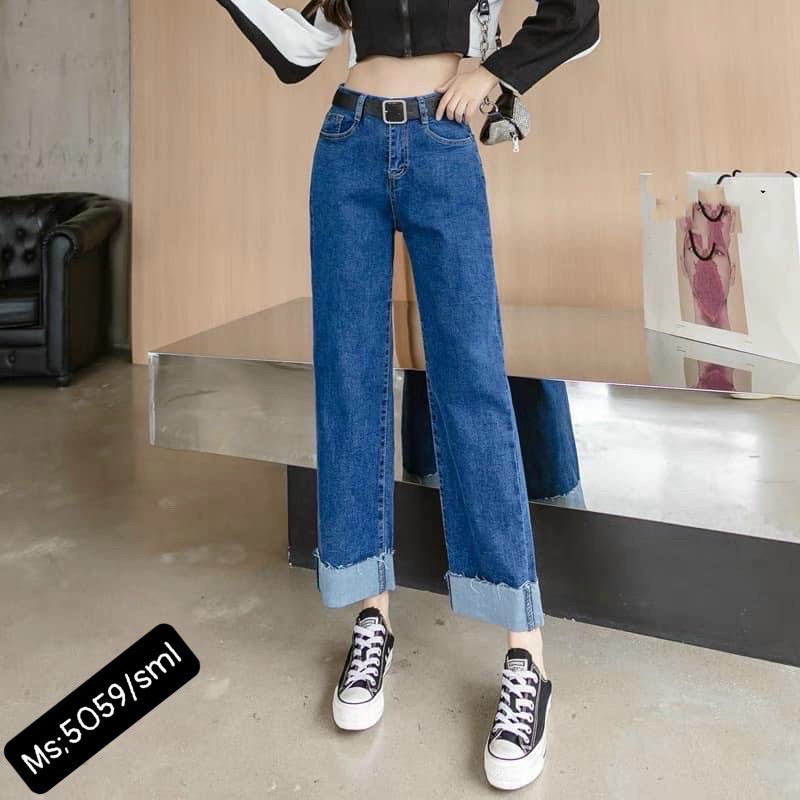 Quần Baggy Jeans Ống Rộng Cạp Lưng Cao Ống Xuông Trơn LẬT LAI - JJ0T