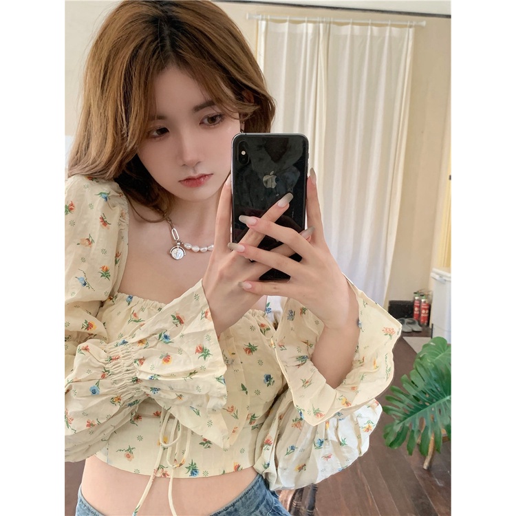 QKOOLE  Áo kiểu tay dài cổ vuông in họa tiết hoa nhún bèo phong cách Hàn Quốc quyến rũ thời trang dành cho nữ