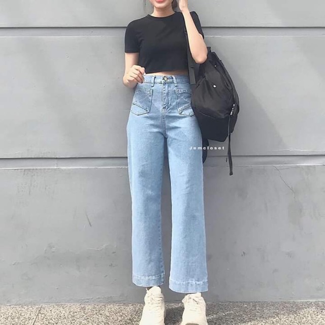 Quần jean ống rộng dáng dài hai túi trước, 269BE